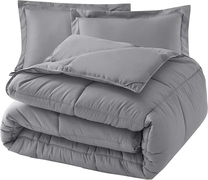 Elegant Comfort 3-Piece Box Stitched Down Alternative Comforter with Shams - Ultra Soft for All Season Duvet Insert with Corner Tabs, Plush Cozy 3PC Comforter Set, Oversize King, Gray