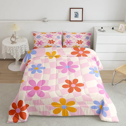 Erosebridal Cute Flower Bedding Set Full,Kawaii Cartoon Floral Comforter Set for Kids Girls Teen Room Decor,Pink Girly Comforter Watercolor Flowers Geometric Plaid Grids Bed Set