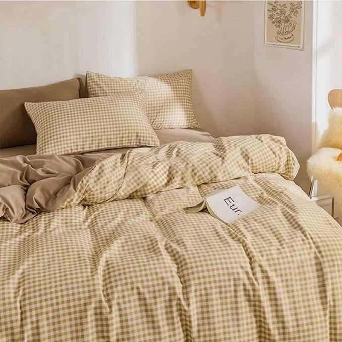 ETDIFFE King Size Brown Comforter Set, 3 Piece Tan Gingham Grid Bed Set - Soft and Lightweight Buffalo Checkered Plaid Microfiber Down Alternative Comforter (90x104)