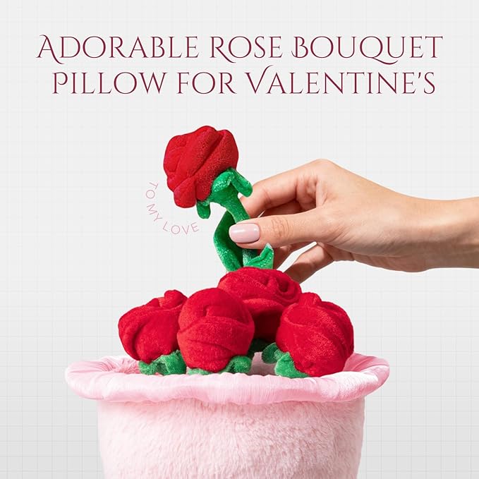 Phantoscope Valentine Pillows, Handcrafted Plush Rose Bouquet Shaped Pillow Valentines Day Decorations Throw Pillow for Home Living Room Sofa Couch, Pink, 10.5 X 10 Inches