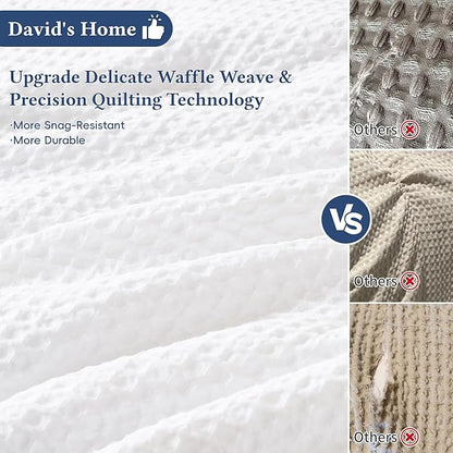 David's Home Waffle Weave Comforter Set 3PCS Queen Size, Soft Breathable Lightweight Cozy Skin-Friendly Warm for All Season, Elegant Aesthetic Home Decor Bedding Set with Pillow Shams, White