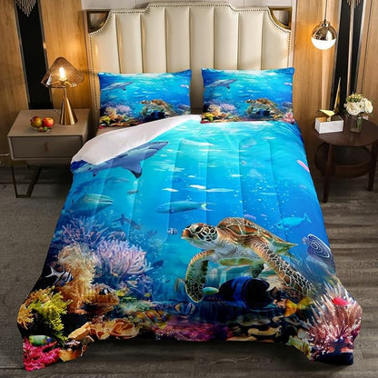 Erosebridal Sea Turtle Comforter Set King Size,Shark Bedding Set,Ocean Animals Fishes Down Comforter,Tortoise Rainbow Coral Duvet Insert,Home Textiles Comforters for Teens Boys Girls