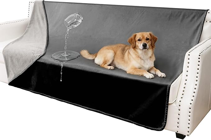 Waterproof Blanket for Couch, Leak Proof Dog Bed Blankets Reversible, Pet Throw Sofa Furniture Protector Machine Washable-68 x82,Black+Lightgrey