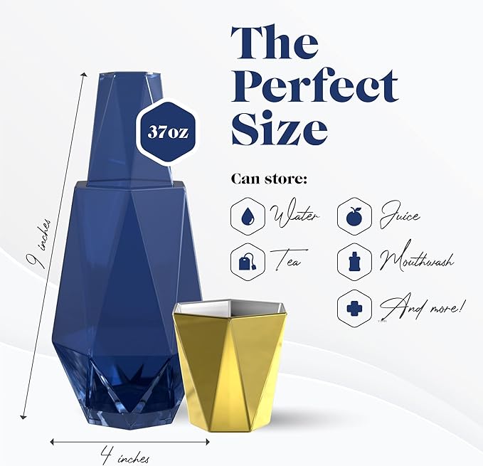 American Atelier 37 oz Modern Geometric Bedside Carafe Set – 2-Piece Glass Water Carafe with Cup Lid, Angular Nightstand Drinkware for Water, Juice & Mouthwash, Elegant Home Accessory (Navy/Gold)