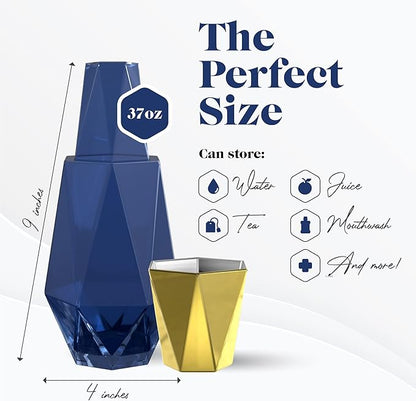 American Atelier 37 oz Modern Geometric Bedside Carafe Set – 2-Piece Glass Water Carafe with Cup Lid, Angular Nightstand Drinkware for Water, Juice & Mouthwash, Elegant Home Accessory (Navy/Gold)