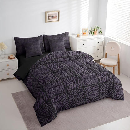 7 Pieces Wildlife Fur Splicing Print Comforter Set Twin,Purple and Black Bedding Set for Kids Girls Bedroom Decor,Leopard Cheetah Zebra Skin Bed Sets in a Bag with Comforter,Sheets and Pillow Cases