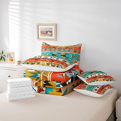 Aztec Bed in a Bag King Size Comforter Set 7 Pieces,Vintage Geometric Bedding Sets Exotic Nordic Western Sheet Set with Comforter