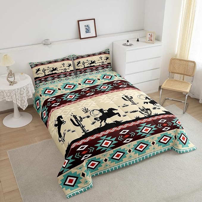 Feelyou Yellow Red Western Decor Bedding Set Southwestern Comforter Set Galloping Horse Wild Western Cowboy Geometric Tribal Comforter Toddler Size Rodeo Cowboy Style Duvet Set 2Pcs