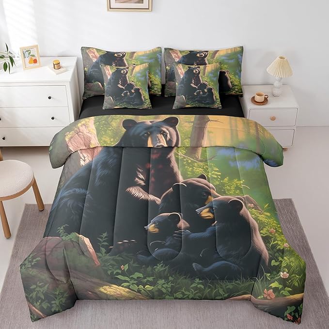 Erosebridal Black Bear Twin Bedding Set, Wild Animal Bed in A Bag,Bear Decorations for Home Comforter Sets with Sheets, Vintage Rustic Decor 7 Pieces Bed Set Bedroom Decor