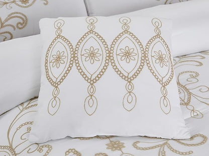 Modern Threads Sabrina Embroidered Comforter Set – 5 Piece White Bed Set with Gold Detailing, Decorative Pillows & Shams, Luxuriously Soft Jacquard Bedding, Queen
