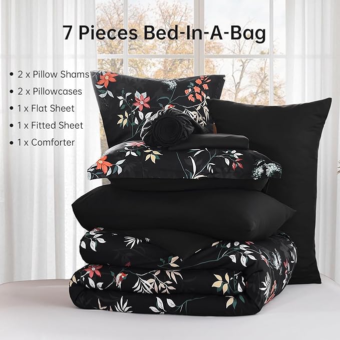 Black King Comforter Size Set, 7 Pieces Floral Bed in a Bag Bedding Sets, Lightweight Soft Comforter and Sheet Set, All Season Microfiber Flower Bedding Sets