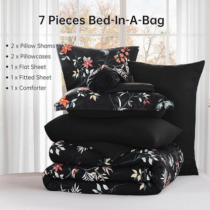 Black King Comforter Size Set, 7 Pieces Floral Bed in a Bag Bedding Sets, Lightweight Soft Comforter and Sheet Set, All Season Microfiber Flower Bedding Sets