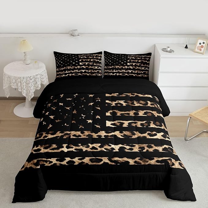 Feelyou American Flag Leopard Kids Comforter Set King Size Hunting Bedding Set Brown Cheetah Print Duvet Quilt for Kids Boys Girls Bedroom Animal Fur Decor Microfiber Ultra Soft Breathable
