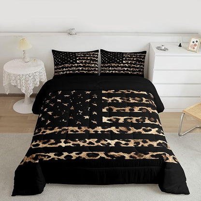 Feelyou American Flag Leopard Kids Comforter Set Full Size Hunting Bedding Set Brown Cheetah Print Duvet Quilt for Kids Boys Girls Bedroom Animal Fur Decor Microfiber Ultra Soft Breathable