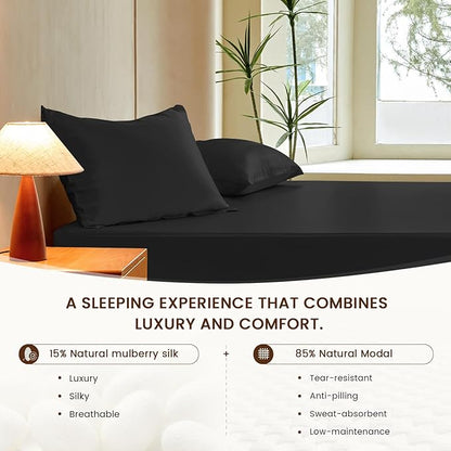 THXSILK Luxury Mulberry Silk Fitted Sheet Set 3 Pcs, Queen Silk Bed Sheet Set with 16" Deep Pockets, Soft & Cooling Sheets, 1 Fitted Sheet, 2 Pillowcases with Zipper Closure - Black