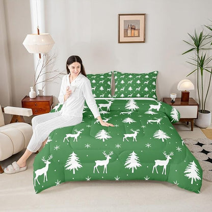 Manfei Christmas Deer Girls Bedding Set Twin Size, Snowflake Pine Tree Comforter Set，Rustic Farmhouse Xmas Quilt Comforter for Boys Teens,Green White Room Decor All Season,1 Pillowcase