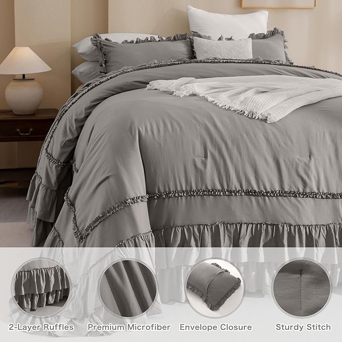 QSH Grey Oversized King Comforter Set 120x120, Farmhouse Ruffled Bed Comforter Gray French Country Rustic Vintage Comforter Microfiber Soft Lightweight Fluffy Shabby Bedding 3 PCs
