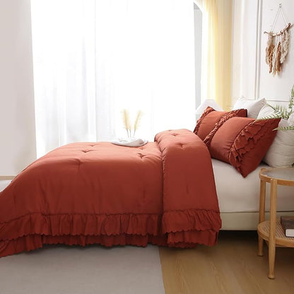 Herside Brick Red Ruffle Comforter Set Queen Size,Shabby Chic Boho Bedding Sets, Soft Fluffy Comforters Sets for All Season,Vintage Ruffled 3 Pcs Microfiber Lightweight Quilt Set for Women Girls