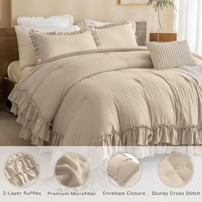 Masaca Farmhouse King Size Comforter Set,Shabby Boho Chic Bedding Ruffled Linen Feel Textured King Bed Comforter Vintage Rustic French Country Bedding Sets 3 Pieces