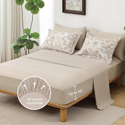 Yiran 7 Piece Bed in a Bag Beige Comforter Set King Leaves Botanical Bedding Set,Soft Microfiber Floral Comforter with 2 Pillowcases 2 Pillow Shams 1 Flat Sheet 1 Fitted Sheet 104"×90"