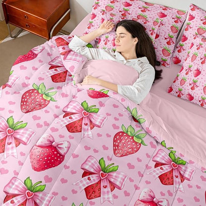Erosebridal Bowknot Strawberry Pink Girls King 7-Piece Comforter Set | Love Hearts Kawaii Sheets and Pillowcases Cute Fruits Bow Bed in A Bag Kids Girly Women Bed Sets