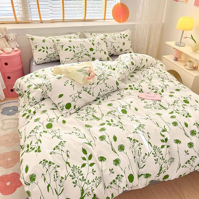 CLOTHKNOW White Green Comforter Set California King Green Floral Bedding Comforter Sets Green Flowers Bedding Cal King Green Boho Bed Comforters 3Pcs Green White Comforter Sets Cal King