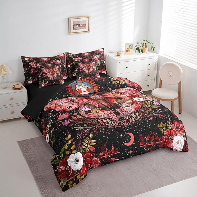 Feelyou Red Death Moth Bedding Set with Comforter, Boho Moth Comforter Twin Size 7Pcs Sun Moon Butterfly Bed in a Bag with Comforter, Boho Floral Flat Sheet, Fitted Sheet, Pillowcases Room Decor