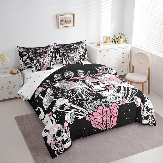 Feelyou Sugar Skull Bedding Set with Comforter, Full Size 7Pcs Halloween Themed Comforterative Pink Death Moth Bed in a Bag with Comforter, Boho Mushroom Room Decor