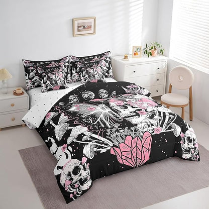 Feelyou Sugar Skull Bedding Set with Comforter, Twin Size 7Pcs Halloween Themed Comforterative Pink Death Moth Bed in a Bag with Comforter, Boho Mushroom Room Decor