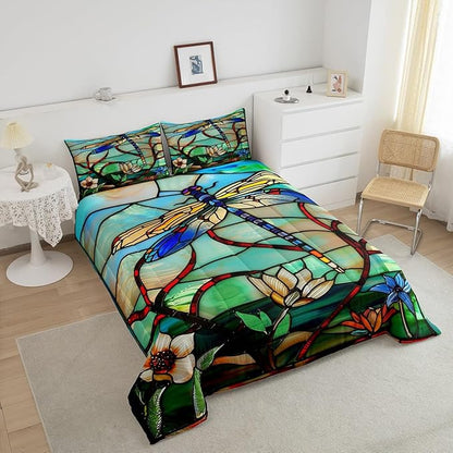 Erosebridal Boho Dragonfly Twin Comforter Set Exotic Dragonfly Flowers Bedding Set for Kids Adults Women,Rustic Lotus Floral Down Comforter Glass Style Art Animal Quilt Duvet Green Teal Blue