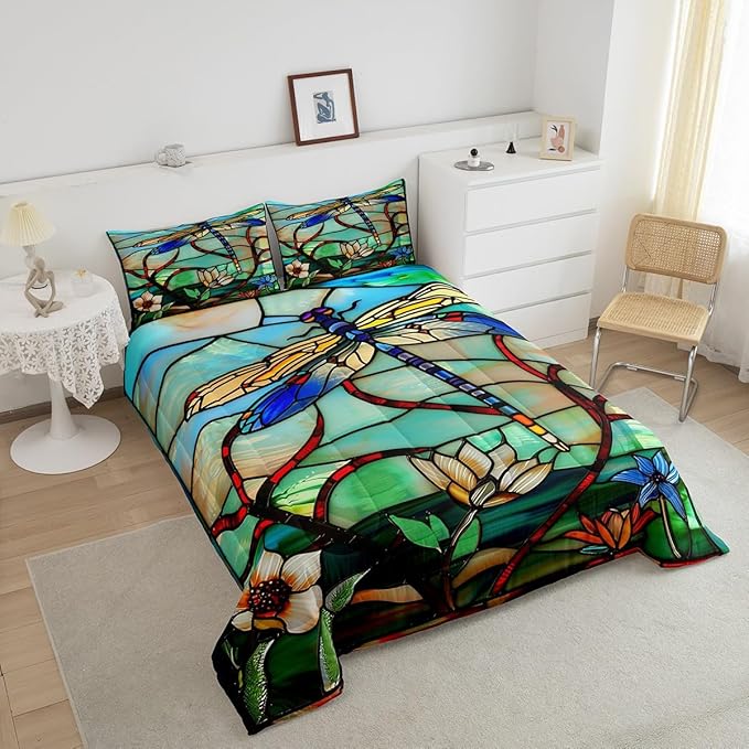 Erosebridal Boho Dragonfly Queen Comforter Set Exotic Dragonfly Flowers Bedding Set for Kids Adults Women,Rustic Lotus Floral Down Comforter Glass Style Art Animal Quilt Duvet Green Teal Blue