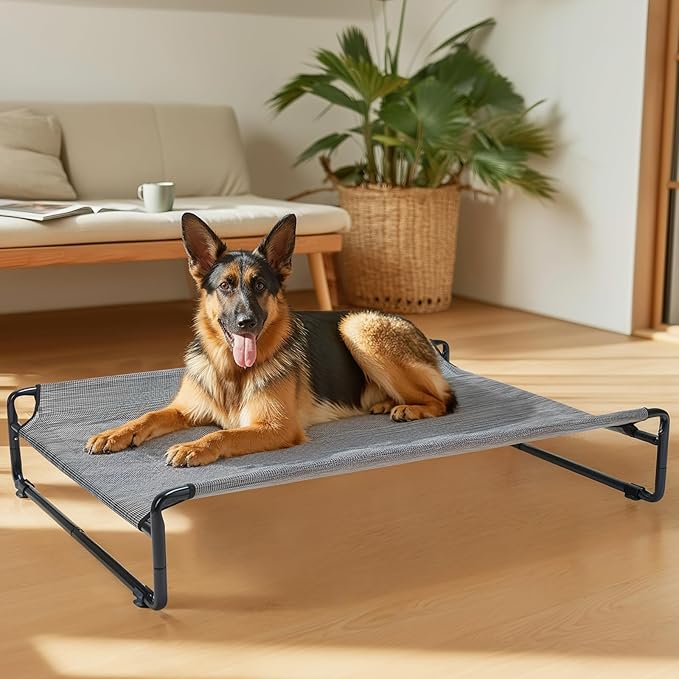 Veehoo Raised Dog Beds for Large Dogs, Washable Dog Cot with Headrest Sides, Outdoor Elevated Dog Bed with Non-Skid Feet, Breathable Mesh, Cooling Pet Hammock for Indoor or Camping, 49", Black Silver