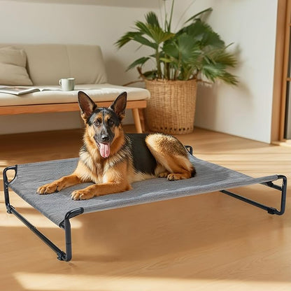 Veehoo Raised Dog Beds for Large Dogs, Washable Dog Cot with Headrest Sides, Outdoor Elevated Dog Bed with Non-Skid Feet, Breathable Mesh, Cooling Pet Hammock for Indoor or Camping, 49", Black Silver