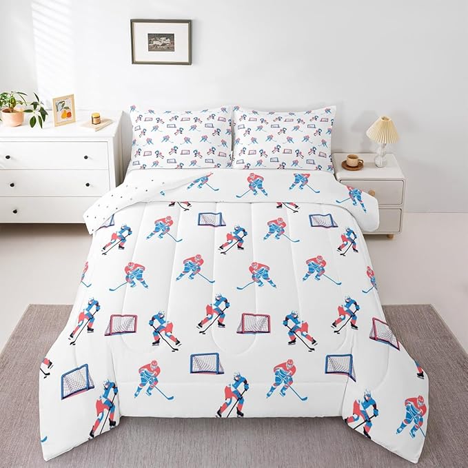 Hockey Players Comforter Set Full Size, Kids Bedding Set,Winter Sports Games Quilt Comforter,White Blue Duvet Insert,2 Pillowcases