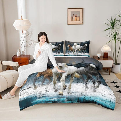 Feelyou Horse Comforter Set Galloping Horse Bedding Set for Kids Boys Girls Wildlife Comforter Farm Animal Quilt Set 1 Comforter Set with 2 Pillowcases Full Size