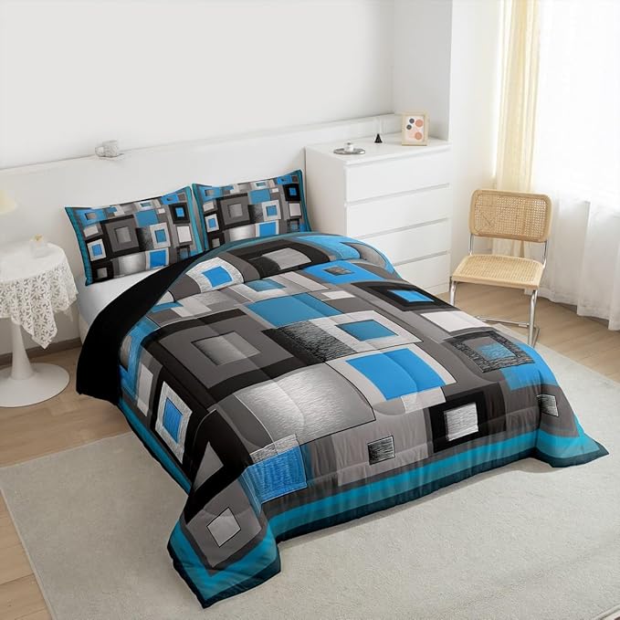 Castle Fairy Geometric Grid Full Size Comforter Set,Blue White and Gray Bedding Set for Adults Teens,Children Modern Abstract Comforter Luxury Geometric Square Splicing Quilt Set Room Decor 3Pcs
