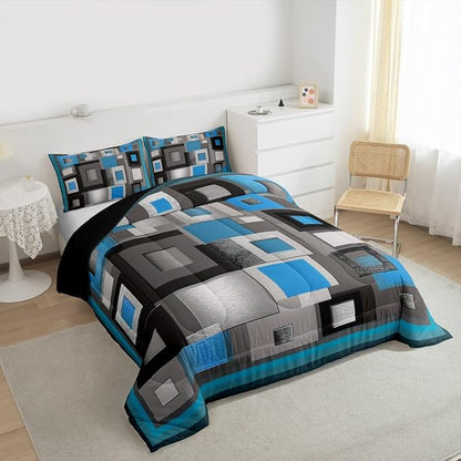 Castle Fairy Geometric Grid Full Size Comforter Set,Blue White and Gray Bedding Set for Adults Teens,Children Modern Abstract Comforter Luxury Geometric Square Splicing Quilt Set Room Decor 3Pcs