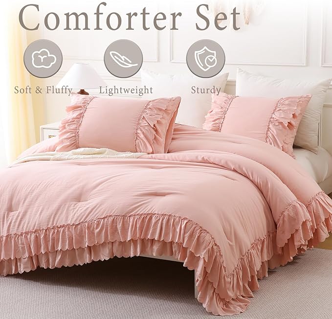 Herside Pink Ruffle Comforter Set Queen Size,Shabby Chic Boho Bedding Sets, Soft Fluffy Comforters Sets for All Season,Vintage Ruffled 3 Pcs Microfiber Lightweight Quilt Set for Women Girls