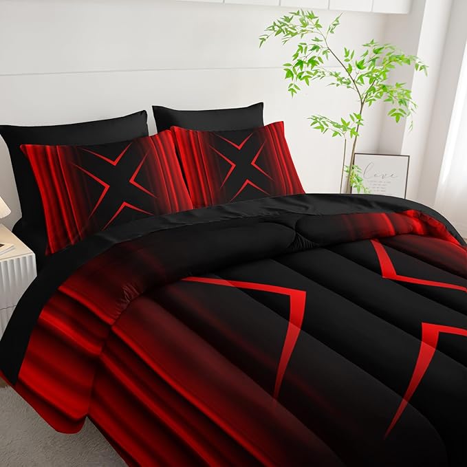 Red and Black Geometric Comforter Set King Size 7Pieces,3D Abstract Mordern Printed Bedding Set for Adults,Geometric Mordern Decor All Seasons with Pillowcases,Flat, Fitted Sheet
