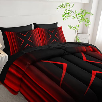 Red and Black Geometric Comforter Set King Size 7Pieces,3D Abstract Mordern Printed Bedding Set for Adults,Geometric Mordern Decor All Seasons with Pillowcases,Flat, Fitted Sheet