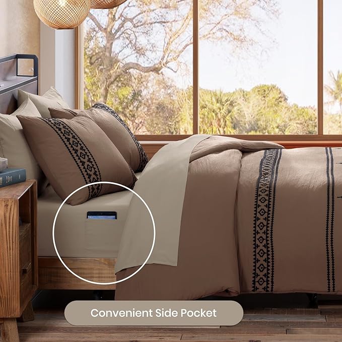 MaiRêve Embroidery Comforter Set, Boho Farmhouse Western Bedding Set, All Season Bed in A Bag Comforter Set with Sheets, Pillowcases & Shams, Brown King 7 Pieces