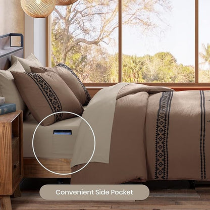 MaiRêve Embroidery Comforter Set, Boho Farmhouse Western Bedding Set, All Season Bed in A Bag Comforter Set with Sheets, Pillowcases & Shams, Brown King 7 Pieces