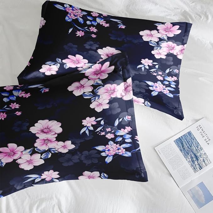 Comforter Set Full Size, Navy Blue Pink Flower 7 Pcs Bedding for Kids and Adults, Floral Summer Vintage Bed Sheet Sets with Fitted Sheet 2 Pillowcases & 2 Shams for Bedroom Bed Decor