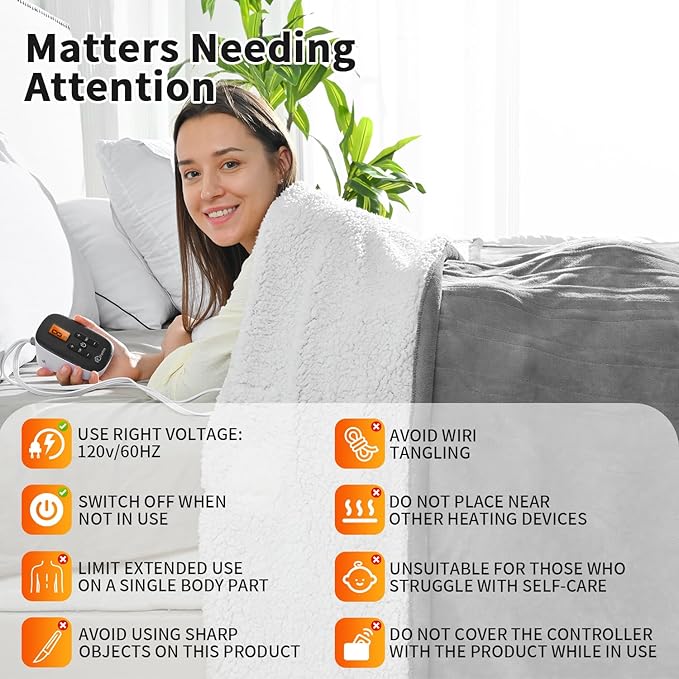 Heated Electric Blanket - Soft Flannel Electric Throw Heating Blanket with 6 Heat Settings Full Size 77" × 84" Gray - Velvet & Sherpa