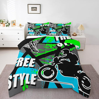 jejeloiu Boys Dirt Bike Racer Bedding Set King Size Motocross Hip Hop Comforter Set for Kids Adult Motorcycle Sport Duvet Set Blue Green Quilt Set 3Pcs