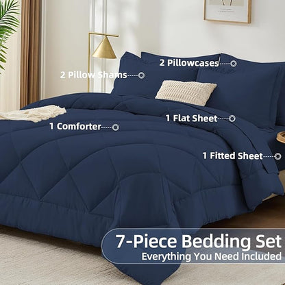 FUANNA 7 Pieces California King Size Comforter Set, All Season Bed in a Bag Cal King Size, Luxury Soft Bedding Sets with Comforter, Flat Sheet, Fitted Sheet, Pillowcases & Pillow Shams, Navy Blue