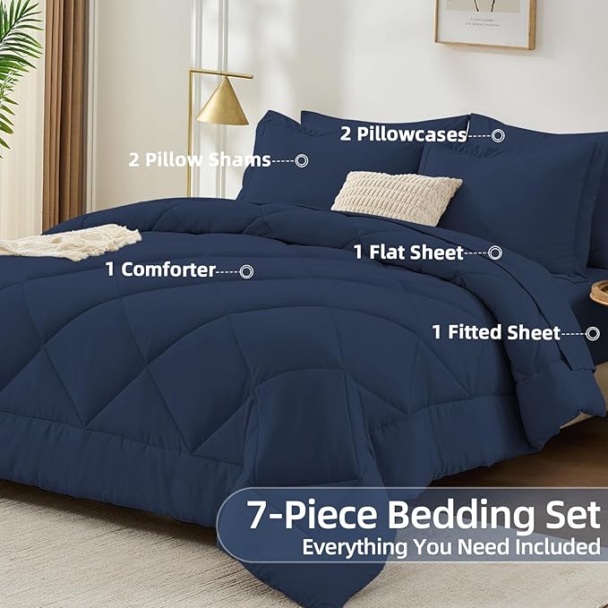 FUANNA 7 Pieces Queen Comforter Set, All Season Bed in a Bag Queen Size, Luxury Soft Bedding Sets with Comforter, Flat Sheet, Fitted Sheet, Pillowcases & Pillow Shams, Navy Blue