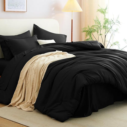 CozyLux Oversized Queen Comforter Set Black, 7 Pieces Bed in a Bag Comforter Set with Sheets, Soft Bedding Sets with Down Alternative Comforter, Fitted Sheet, Flat Sheet, Pillow Shams and Pillowcases