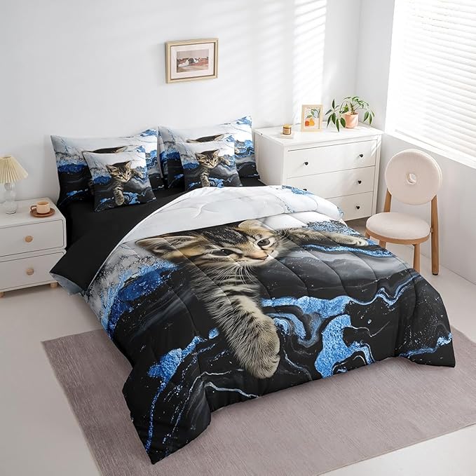 Erosebridal Blue Marbling Cat Bedding Set Watercolor Marble Printed Comforter Sets with Sheets Cartoon Cat Pet Animal Bed Set Luxuary Retro Artwork Tie Dye Bed in A Bag (Full,7 Pieces)