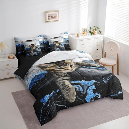 Erosebridal Blue Marbling Cat Bedding Set Watercolor Marble Printed Comforter Sets with Sheets Cartoon Cat Pet Animal Bed Set Luxuary Retro Artwork Tie Dye Bed in A Bag (Full,7 Pieces)
